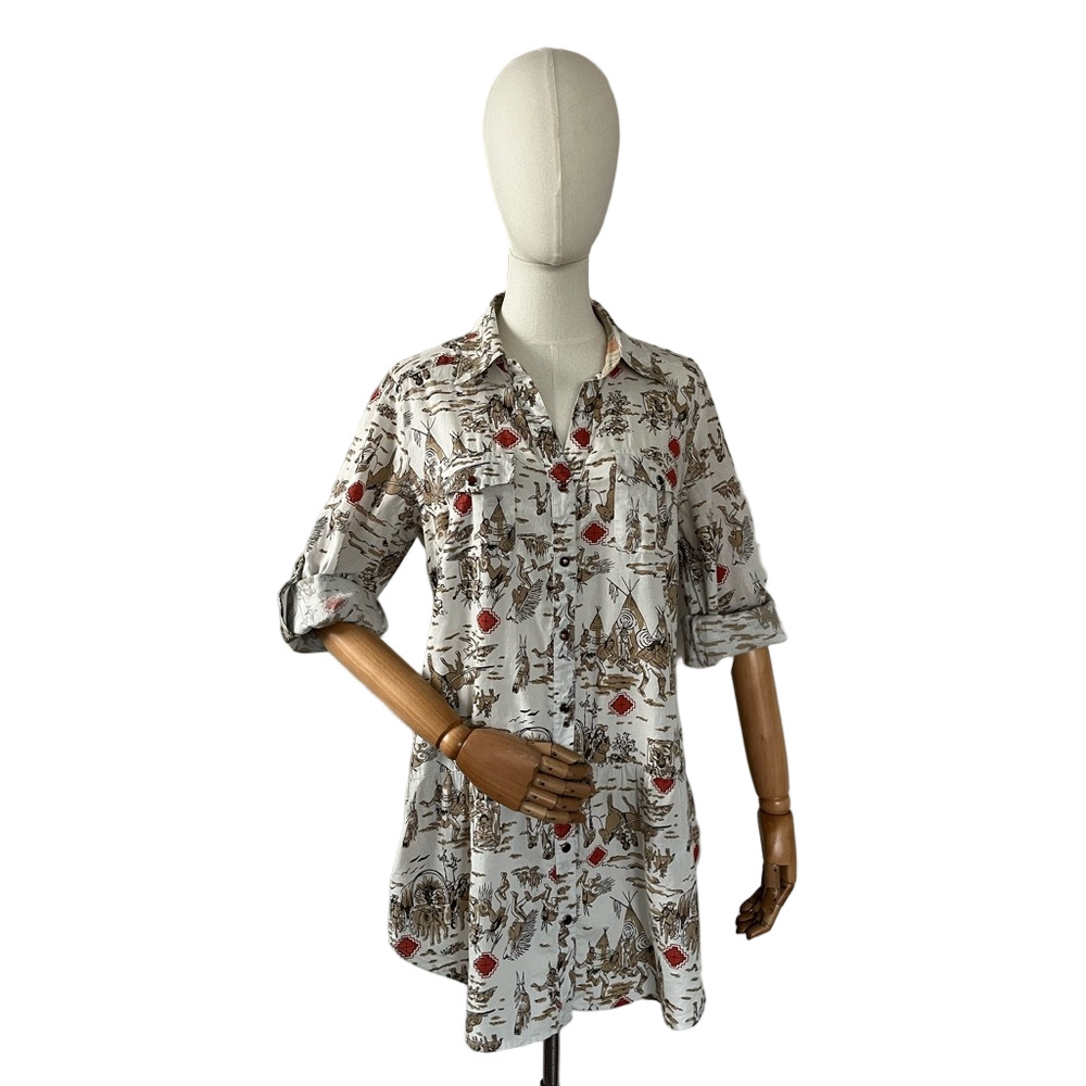 Tasha Polizzi Western Print Rolled Sleeve Tunic With Pockets White Brown Size M - Picture 5 of 16